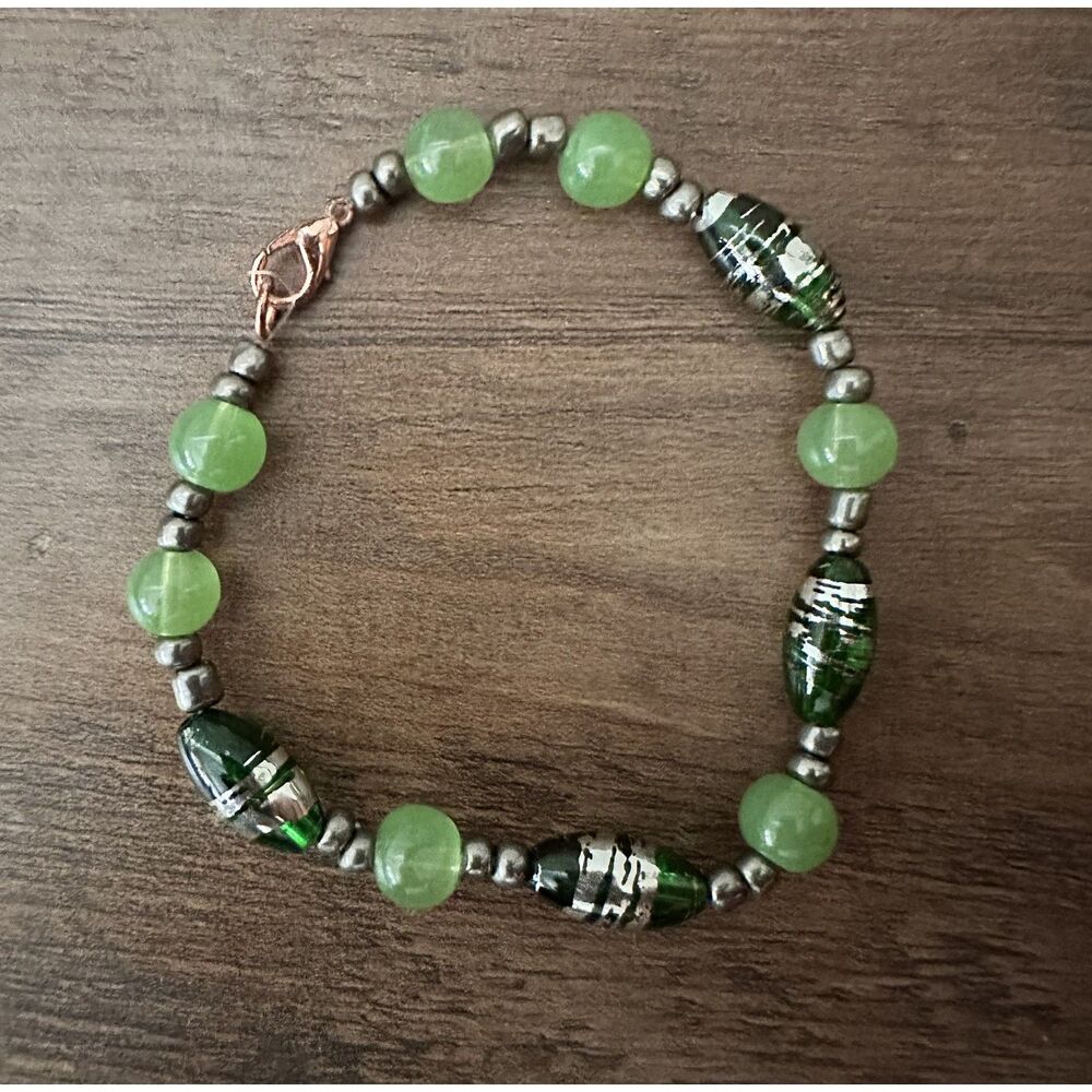 Green Beaded Bracelet Glass & Stone Beads Silver Tone Handmade Style